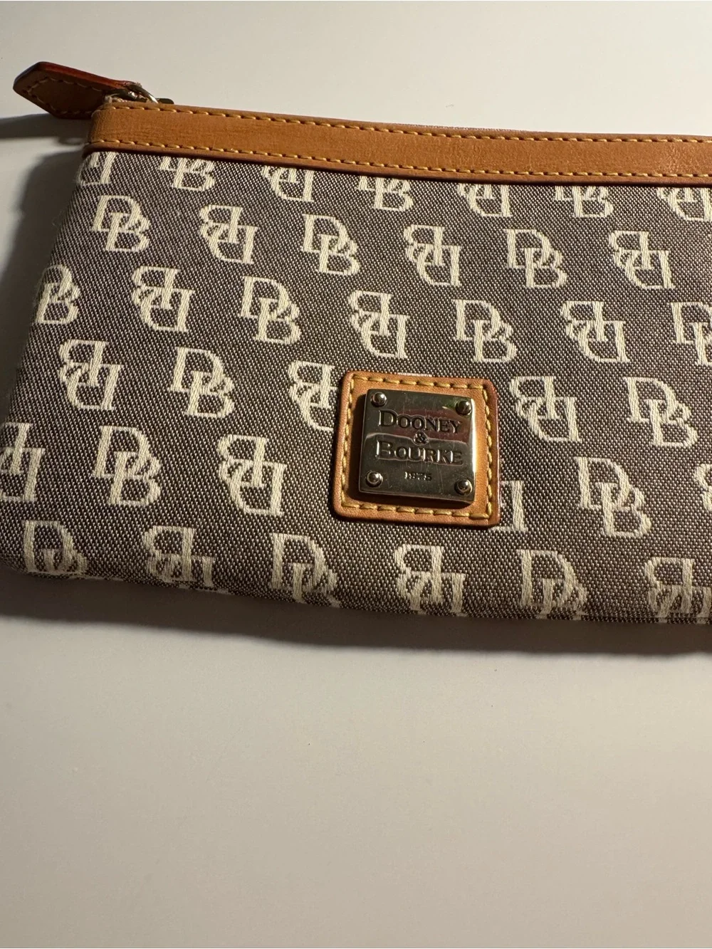 Dooney & Bourke Tan Leather-Trimmed Brown Logo Card Pouch